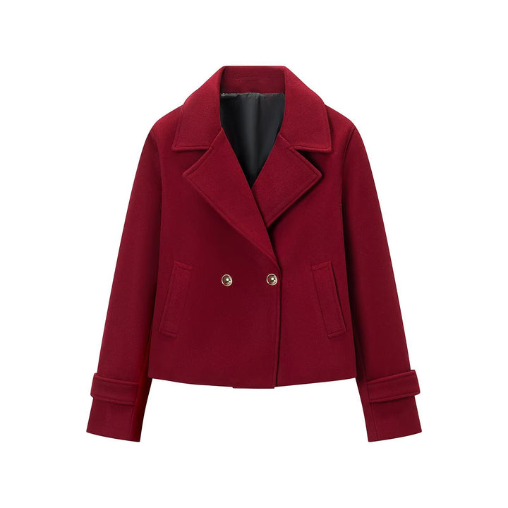 Women Short Double-Breasted Wool Mix Short Coat with Large Lapels, Roll-Up Cuffs and Flap Pockets Mune Fashion