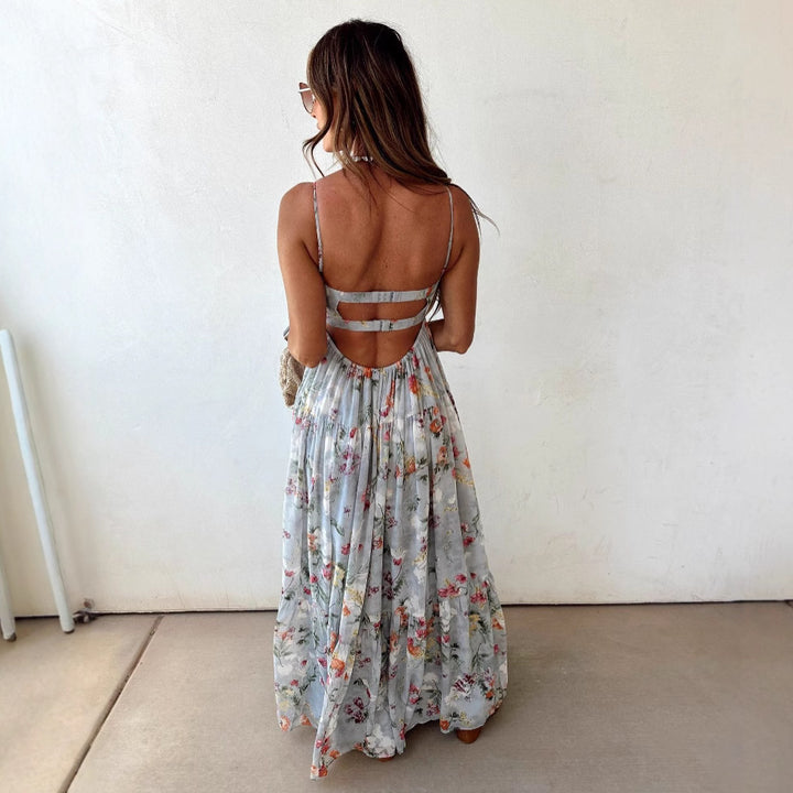 Women's strapless corset maxi dress with heart neckline, tiered ruffle skirt and nostalgic toile pattern Mune Fashion