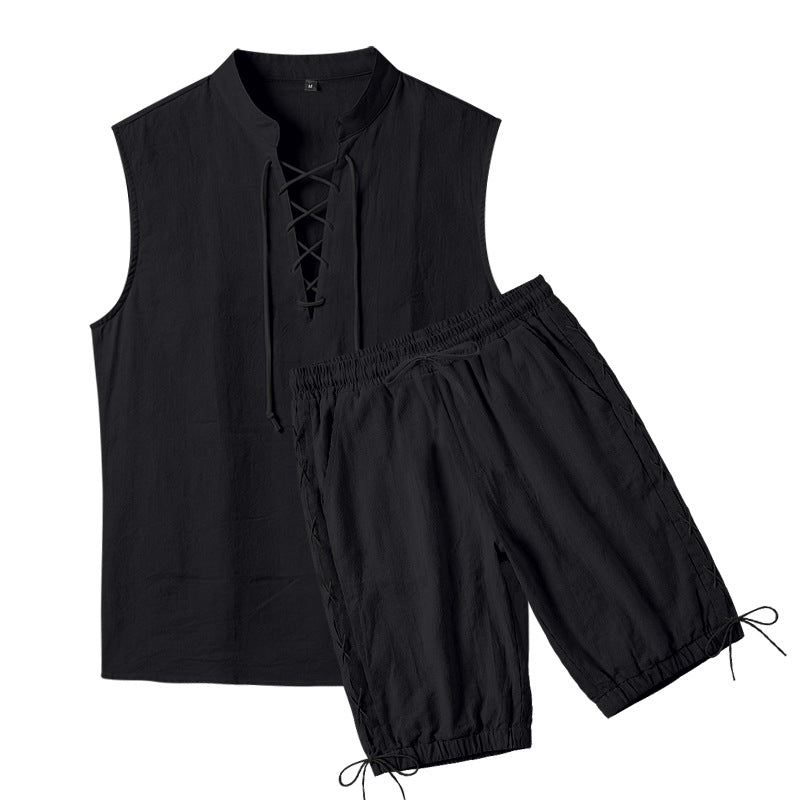 Men's sleeveless leisure set with lace collar and drawstring Bermuda Mune Fashion