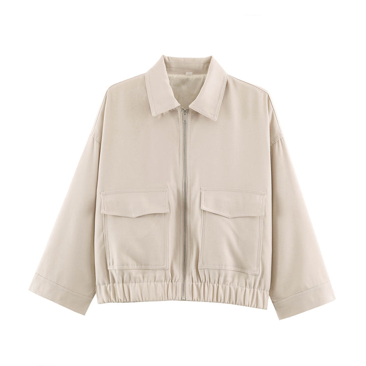 Women's Cropped Oversized Blouson Jacket with Large Flap Pockets, Full-Length Zipper and Elastic Hem Mune Fashion