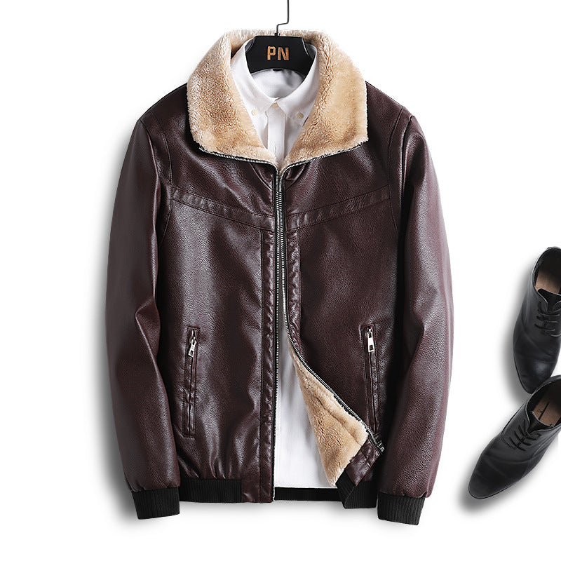 Men's Windproof Faux Leather Bomber Jacket with Teddy Lining and Ribbed Cuffs Mune Fashion