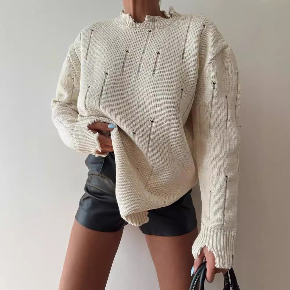 Women Oversized Chunky Knit Sweater with Distressed Details and Ribbed Hem Mune Fashion