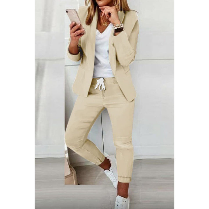 Women's Two-Piece Stretch Jersey Blazer Set with Drawstring Jogging Pants Mune Fashion
