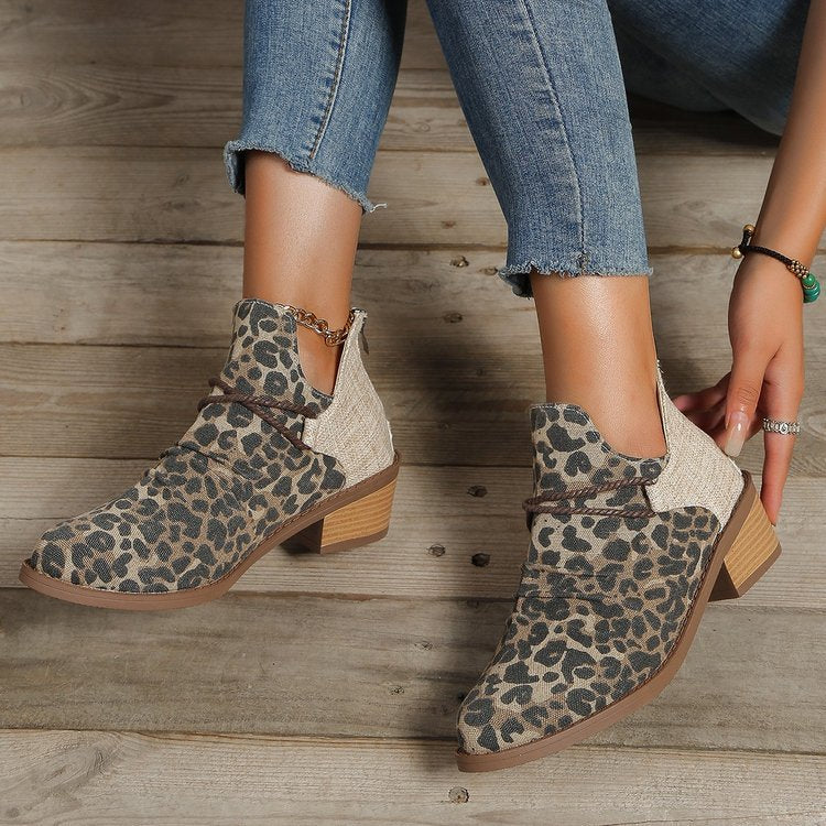Women’s ankle boots with leopard print, canvas upper material, decorative braided strap, and low block heel Mune Fashion