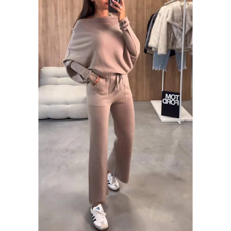 Women's Knit Loungewear Set with Oversized Shoulder, Wide Leg and Drawstring Mune Fashion
