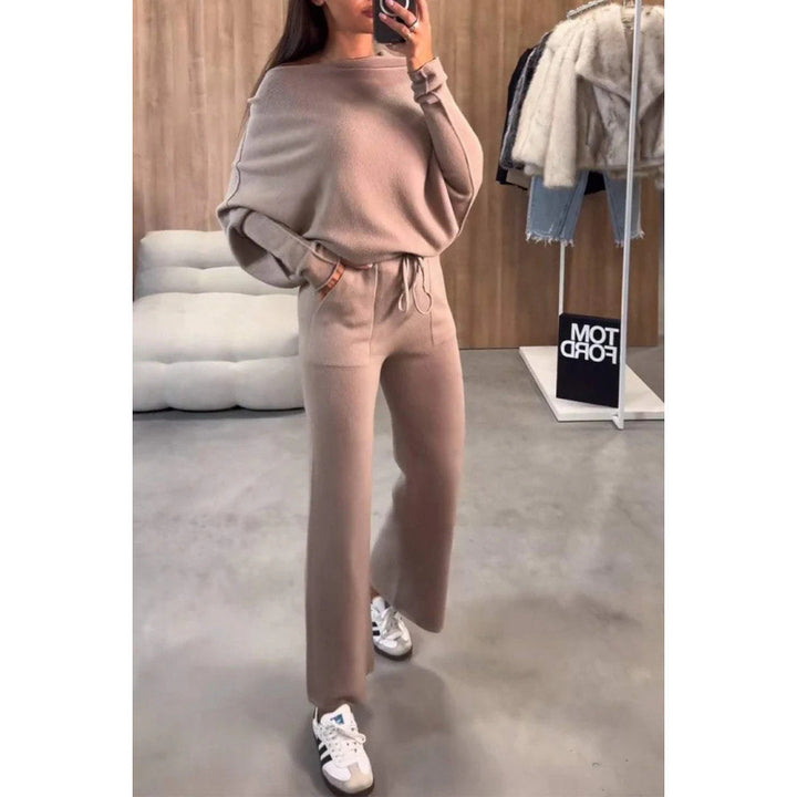 Women's Knit Loungewear Set with Oversized Shoulder, Wide Leg and Drawstring Mune Fashion