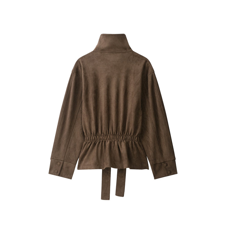 Women's Short Suede Jacket with High Stand Collar and Tie Belt Mune Fashion
