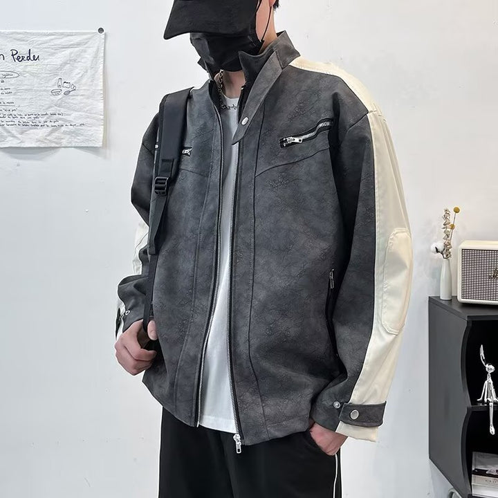 Men's Contrast Sleeveless Oversized Faux Leather Utility Jacket with Stand Collar Mune Fashion