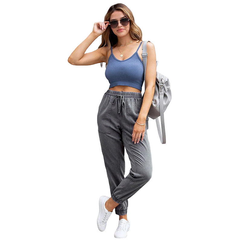Women's denim jogger pants with cargo pockets and elastic drawstring waistband Mune Fashion
