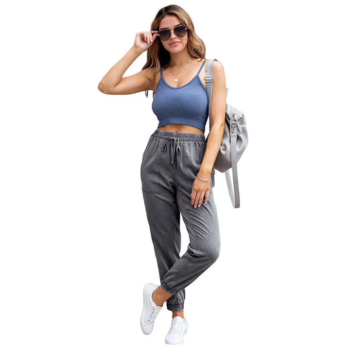 Women's denim jogger pants with cargo pockets and elastic drawstring waistband Mune Fashion