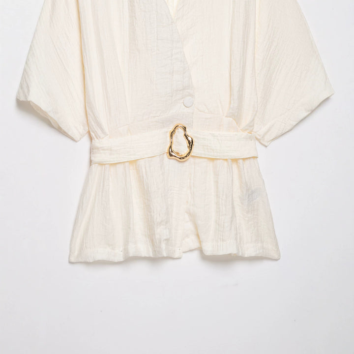 Women Two-Piece Linen Look Set with Kimono Top and Wide High Waisted Pants Mune Fashion