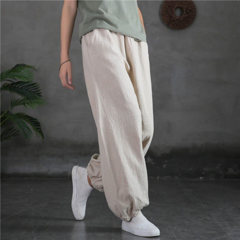 Women's relaxed linen harem pants with elastic waistband and ankle cuffs Mune Fashion