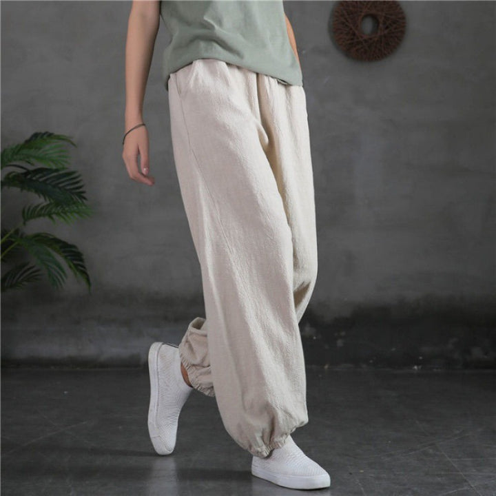 Women's relaxed linen harem pants with elastic waistband and ankle cuffs Mune Fashion
