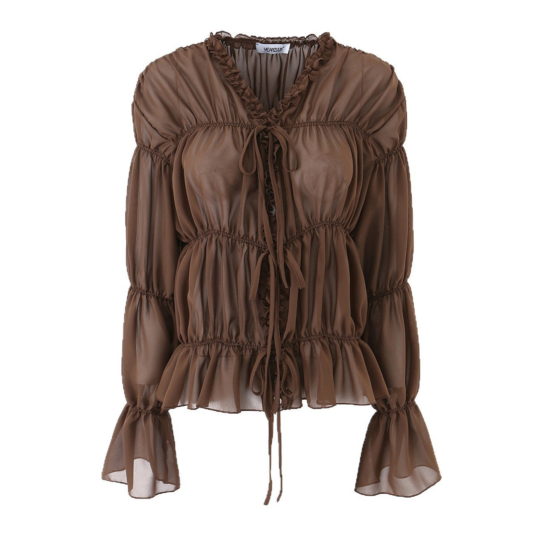 Women's chiffon blouse with ruffles, drawstring and gathered waist look Mune Fashion