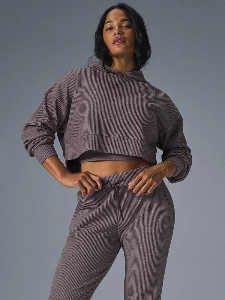 Women Ribbed High-Waist Lounge Pants with Drawstring and Cuffs Mune Fashion