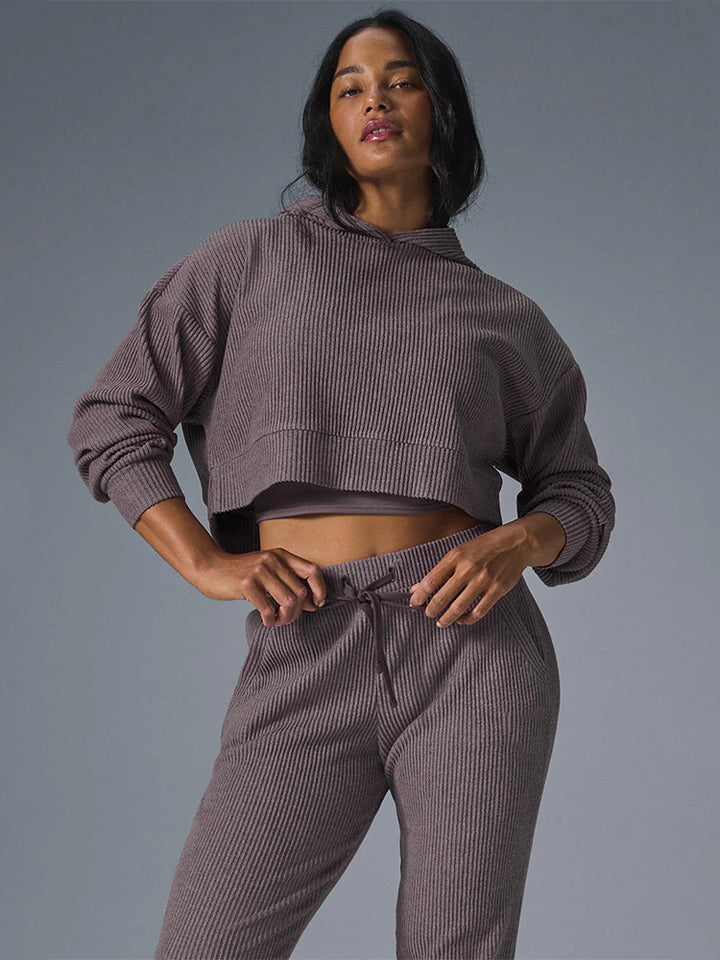 Women Ribbed High-Waist Lounge Pants with Drawstring and Cuffs Mune Fashion