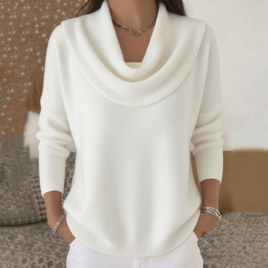 Women's shimmering knit sweater with waterfall collar, fine glitter structure and slim hem Mune Fashion