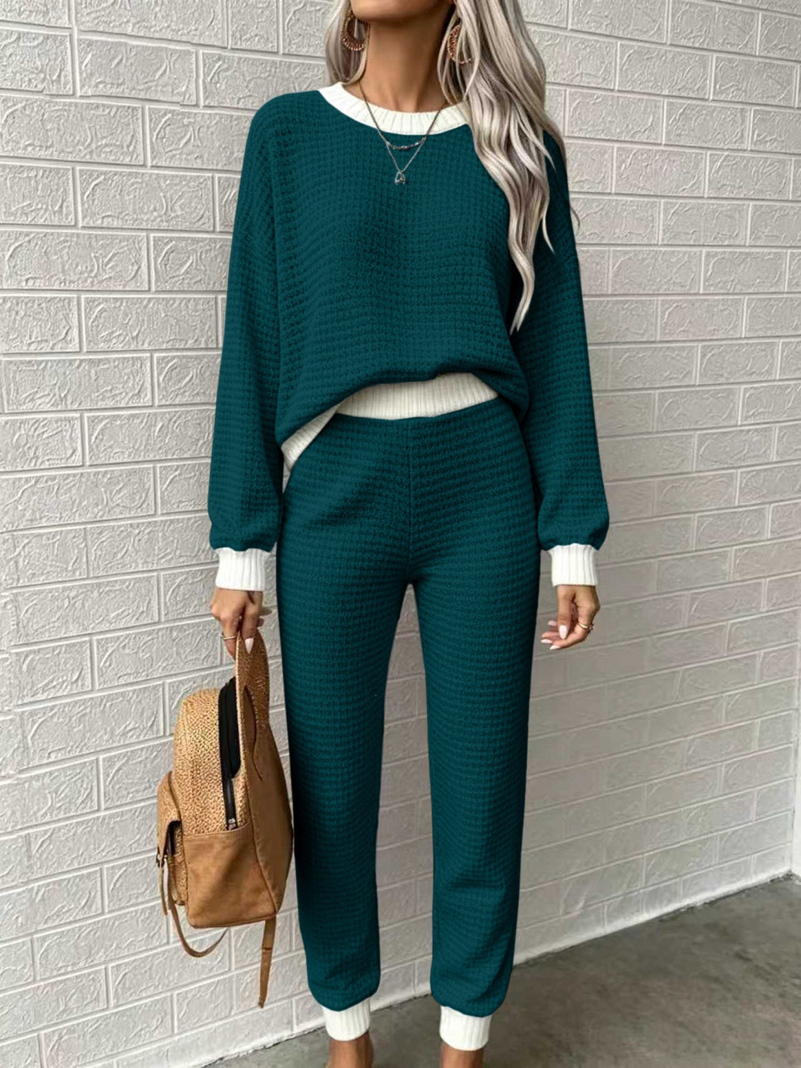 Women Comfortable Waffle Knit Lounge Set with Ribbed Cuffs Mune Fashion