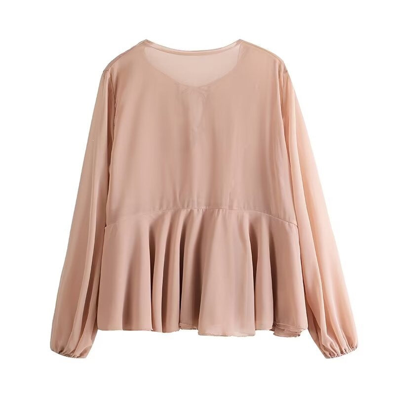 Women Soft Chiffon Blouse with Lacing, V-Neck and Ruffle Hem Mune Fashion