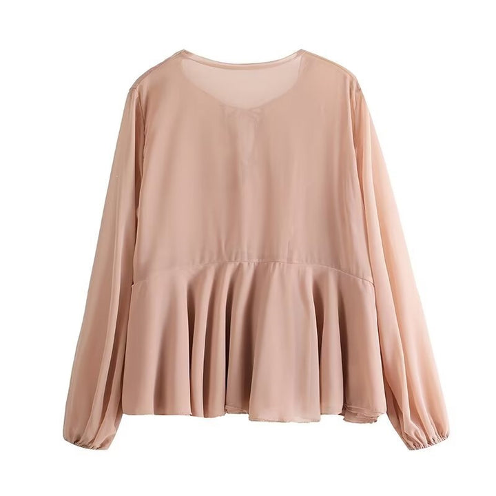 Women Soft Chiffon Blouse with Lacing, V-Neck and Ruffle Hem Mune Fashion