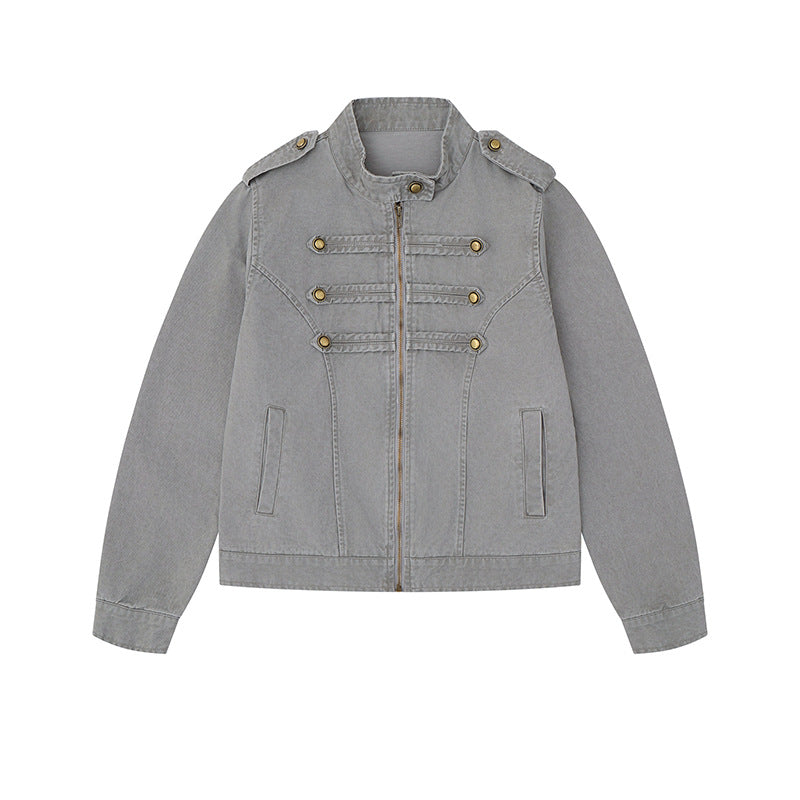 Women's military-inspired cotton canvas jacket with stand-up collar, decorative button plackets, and shoulder epaulets Mune Fashion