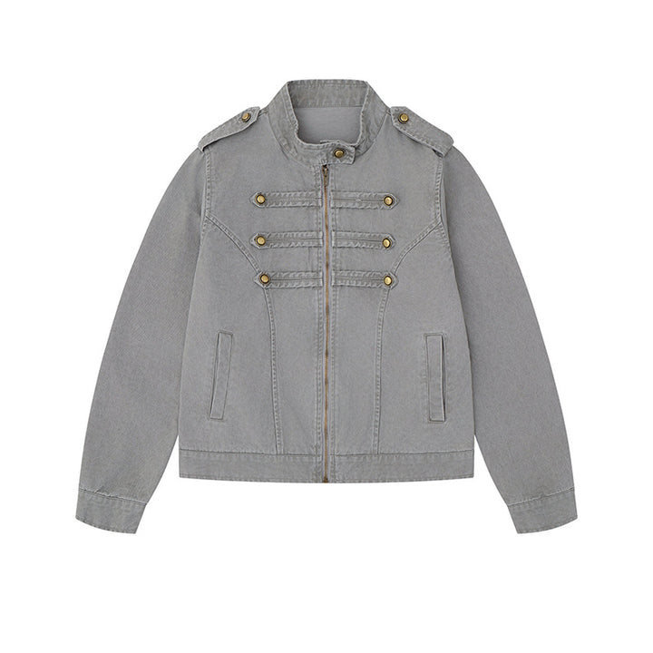 Women's military-inspired cotton canvas jacket with stand-up collar, decorative button plackets, and shoulder epaulets Mune Fashion