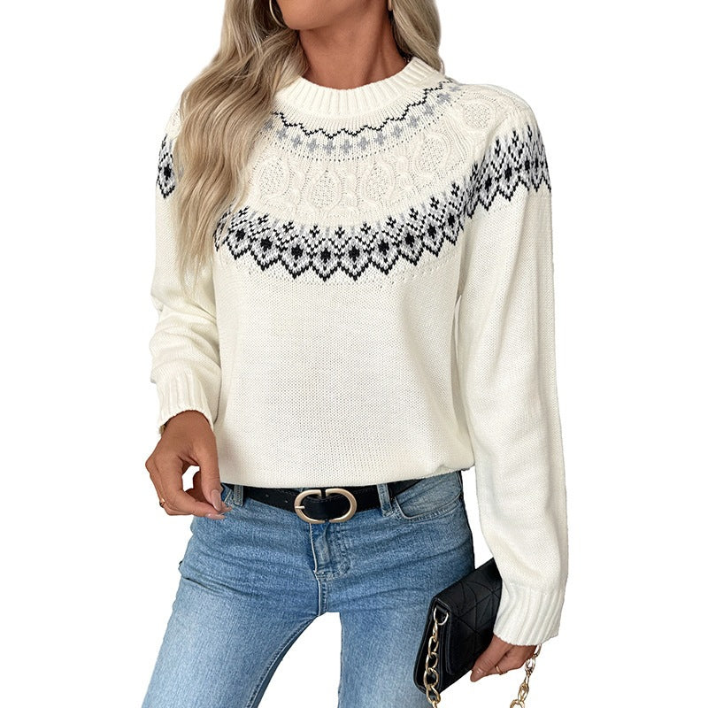 Women's Fine Norwegian Knit Sweater with Lace Yoke and Ribbed Cuff Mune Fashion