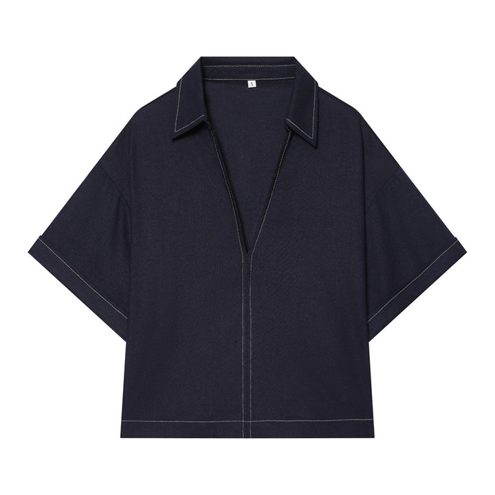 Women Boxy Shirt Blouse with Open V-Neck, Short Oversized Sleeve and Contrast Stitch Mune Fashion