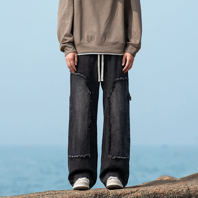 Men's Wide Denim Cargo Pants with Fringed Patch Pockets and Drawstring Waist Drune