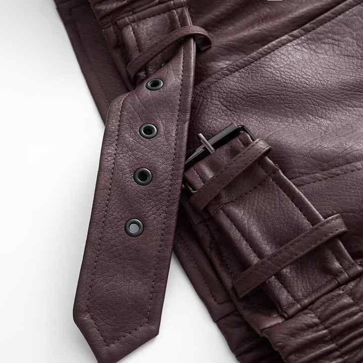 Ladies Oversize Faux Leather Biker Jacket with Asymmetrical Zipper, Belt and Elastic Waist Mune Fashion