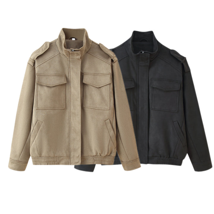 Ladies Utility Bomber Jacket with Epaulettes, Stand-Up Collar and Patch Pockets Mune Fashion
