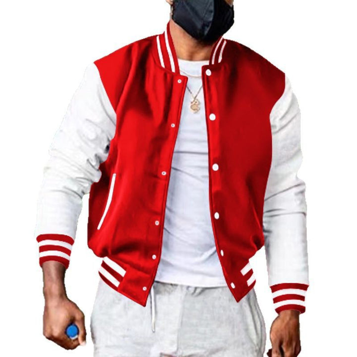 Men's nano varsity college jacket in retro bomber style with contrast sleeves, striped ribbed cuffs and snap button placket Mune Fashion