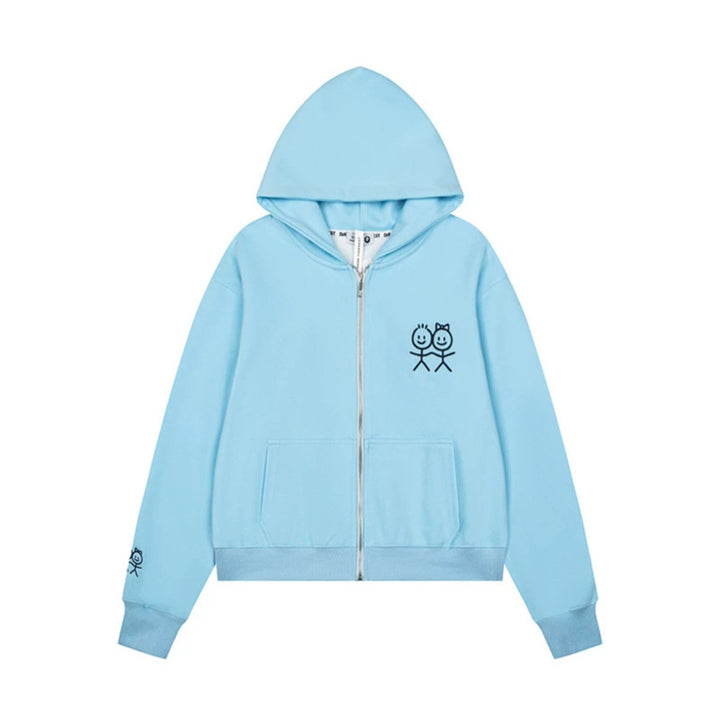 Women's hooded sweatshirt jacket with full zip lightweight French terry stick figure print and kangaroo pockets Mune Fashion
