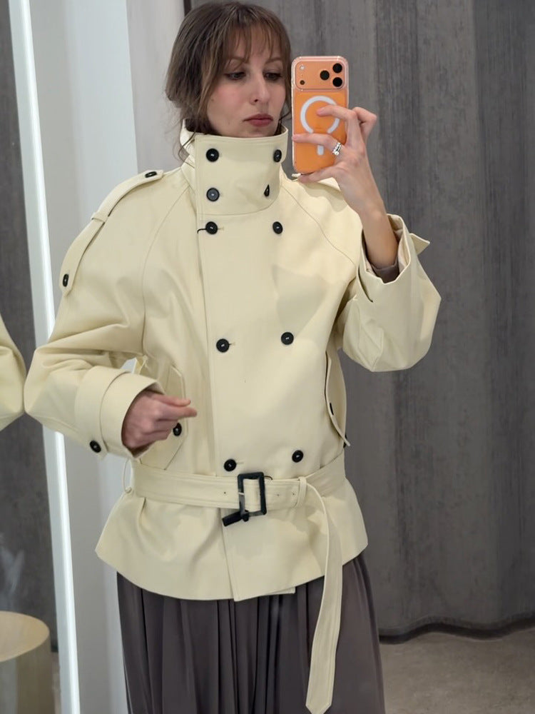 Women Short Double-Breasted Trench Jacket with High Standing Collar and Waist Belt Mune Fashion