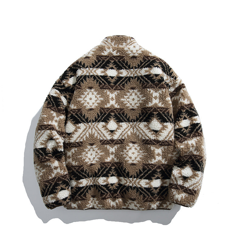 Unisex teddy fleece jacket in tribal pattern with stand-up collar and continuous zipper Mune Fashion