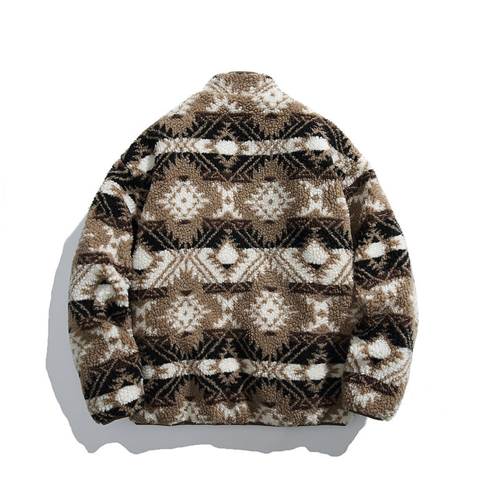 Unisex teddy fleece jacket in tribal pattern with stand-up collar and continuous zipper Mune Fashion