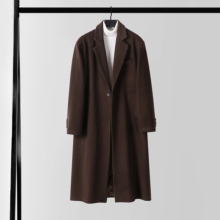 Men's Tailored Wool Blend Long Coat with Shawl Collar and One Button Closure Mune Fashion