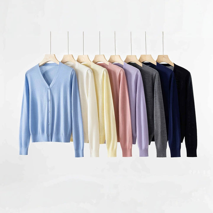 Women’s fine knit cardigan with V-neck, full button placket and light fall Mune Fashion