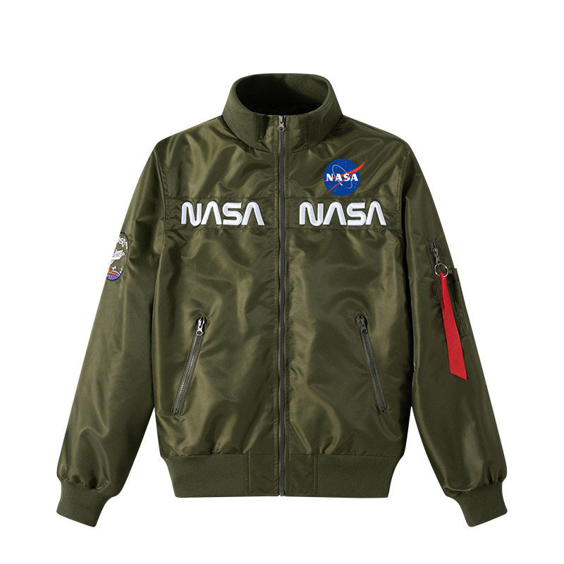 Men's  retro space-logo nylon zip bomber with angled zip pockets and utility sleeve tab Mune Fashion