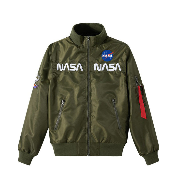 Men's  retro space-logo nylon zip bomber with angled zip pockets and utility sleeve tab Mune Fashion