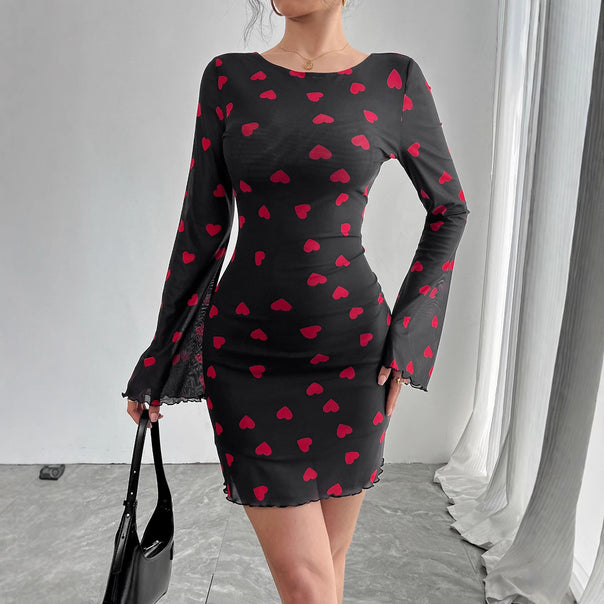 Women's figure-hugging mini dress made of fine mesh fabric with heart pattern and trumpet sleeves Mune Fashion