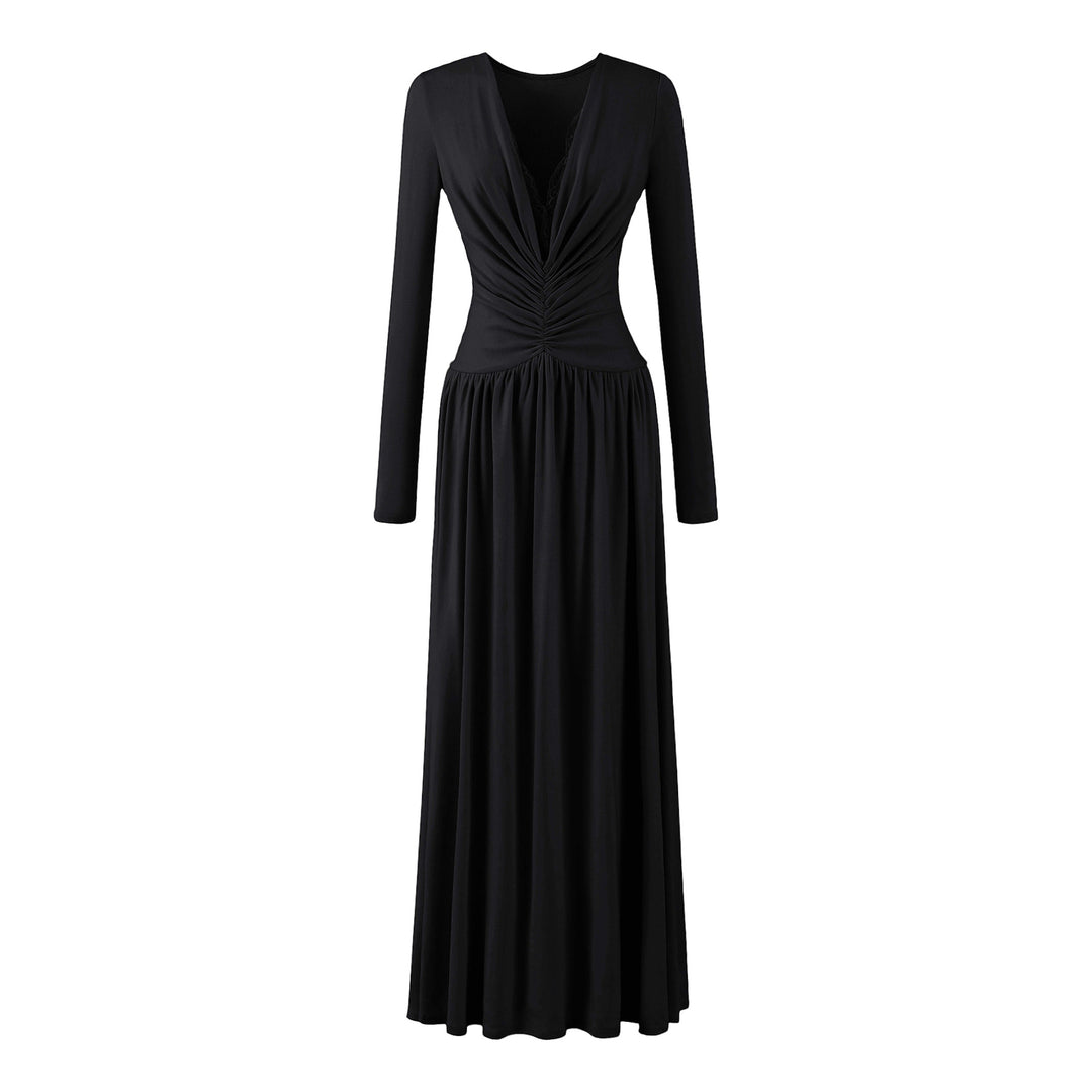 Women Maxi Dress with Ruched Wrap Top, Deep V-Neck and Lace Trim Mune Fashion