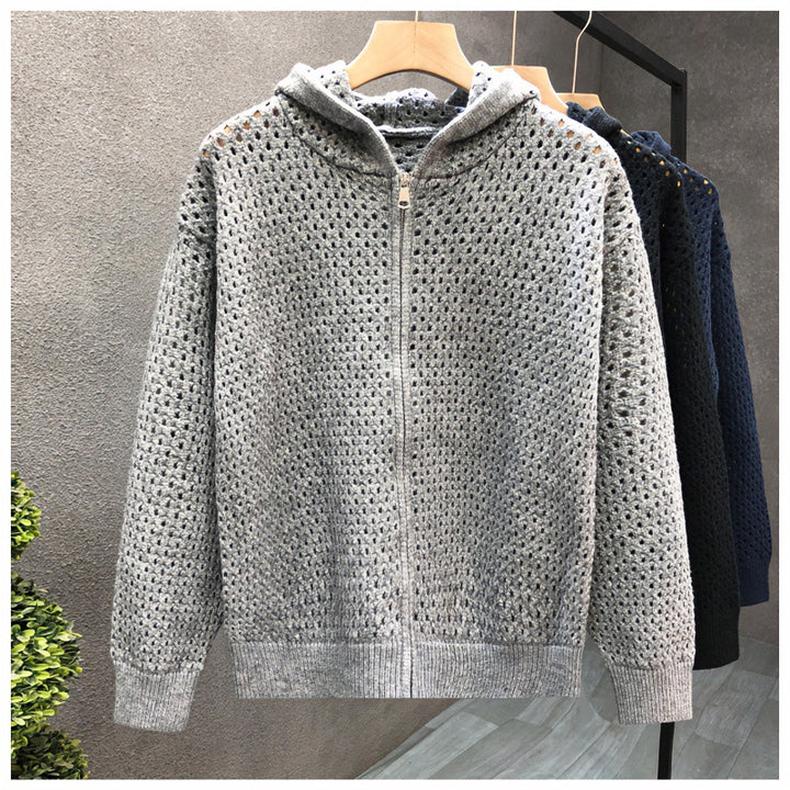 Unisex Light Openwork Knit Hooded Zip Jacket with Eyelet Pattern Mune Fashion