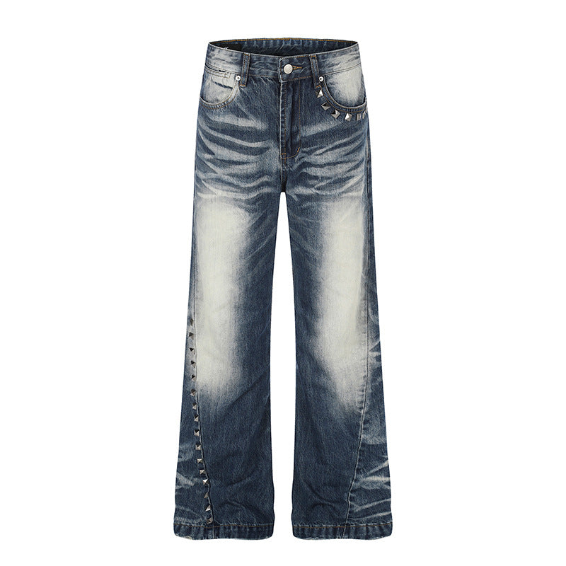 Women High-Waisted Wide Flare Jeans with Used Wash and Studded Trim Mune Fashion