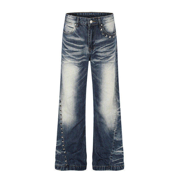 Women High-Waisted Wide Flare Jeans with Used Wash and Studded Trim Mune Fashion