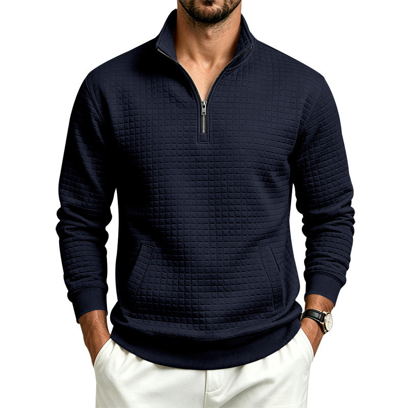 Men's Structured Stand Collar Half Zip Sweatshirt with Checkered Pattern and Kangaroo Pocket Mune Fashion