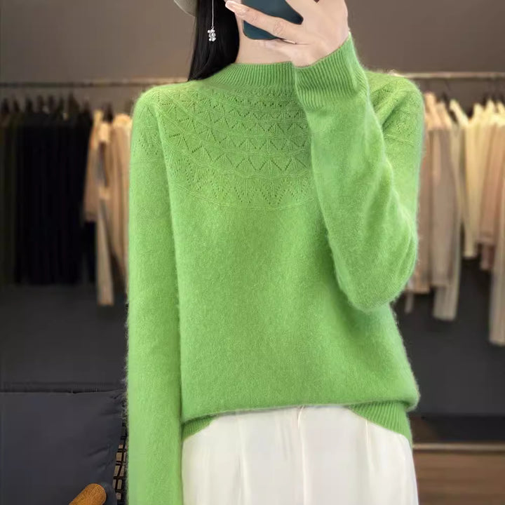 Women's Cozy Mohair Look Pullover with Decorative Structure on the Top and High Collar Mune Fashion