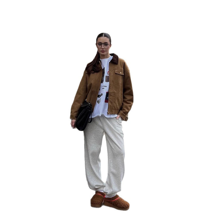 Women's Boxy Suede Blouson Jacket with Cord Collar and Teddy Lining Mune Fashion