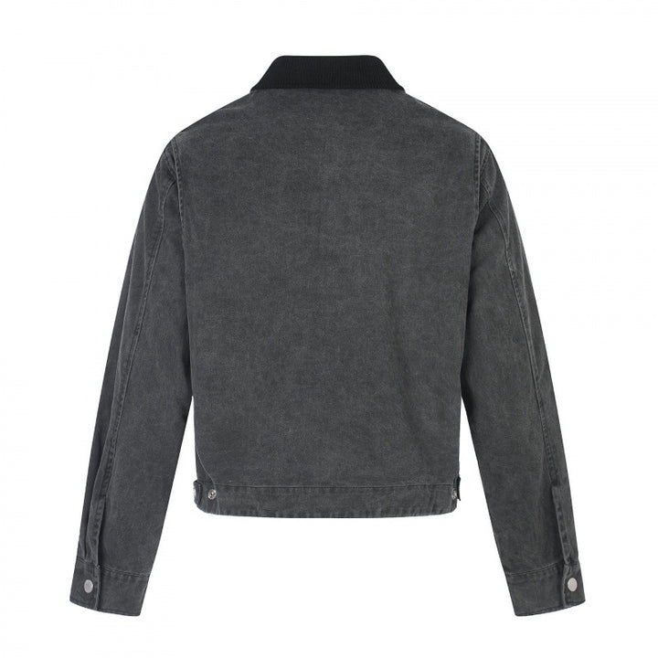 Men's Short-Cut Canvas Bomber Jacket with Cord Collar and Large Photo Collage Print Mune Fashion