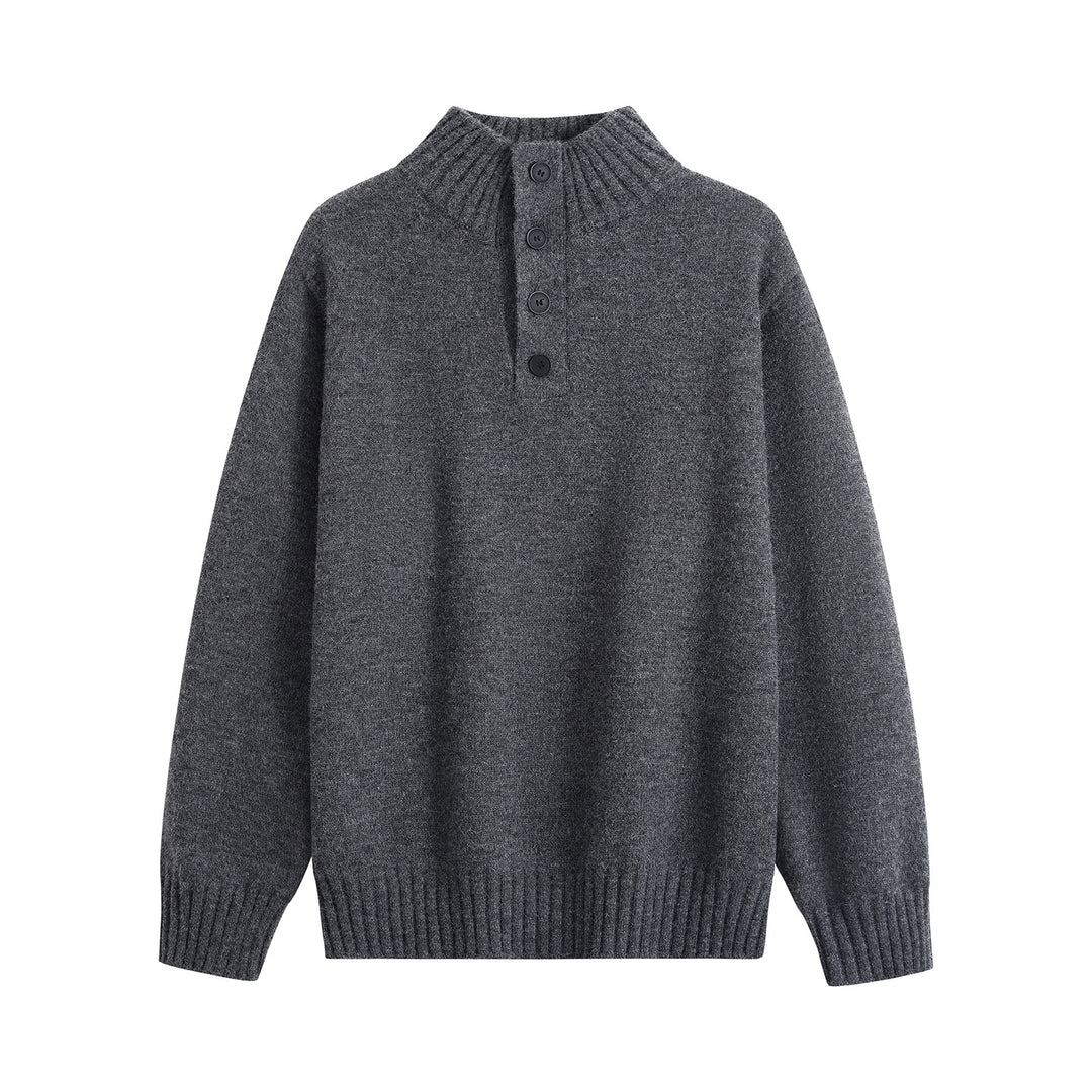 Men's oversized knit sweater with half button placket, high ribbed collar & ribbed hem
